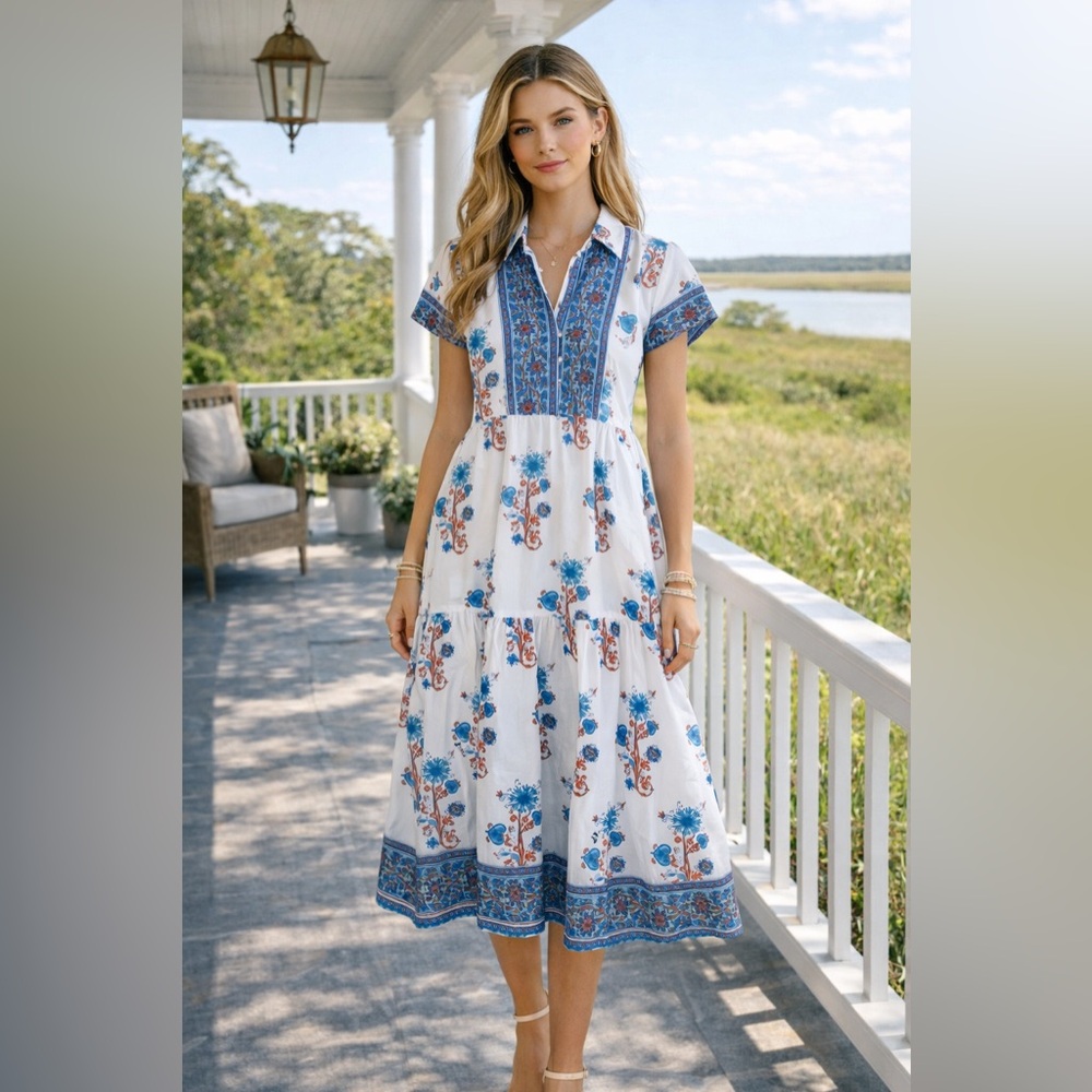 Victoria Dunn Folly Rosa Blockprint Midi Dress Size XS - Picture 2 of 15